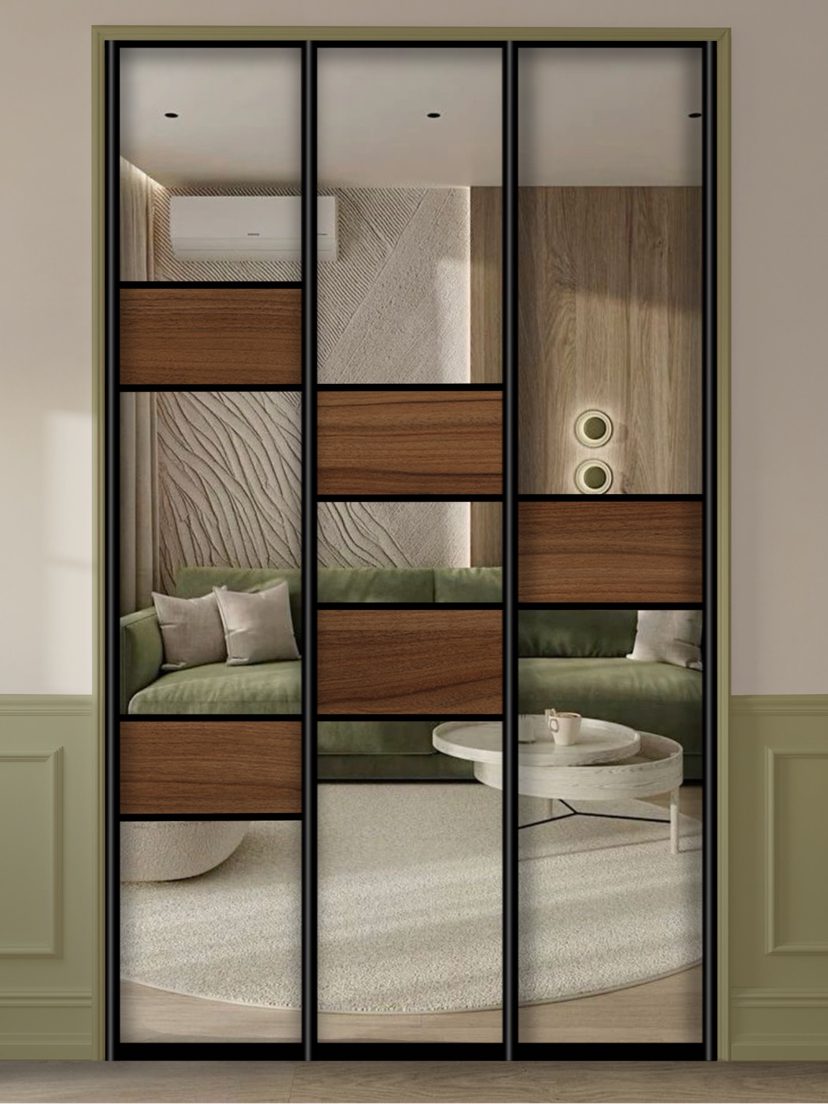 Двери-купе зеркальные 3 шт. + вставки ЛДСП + горизонтальные делители